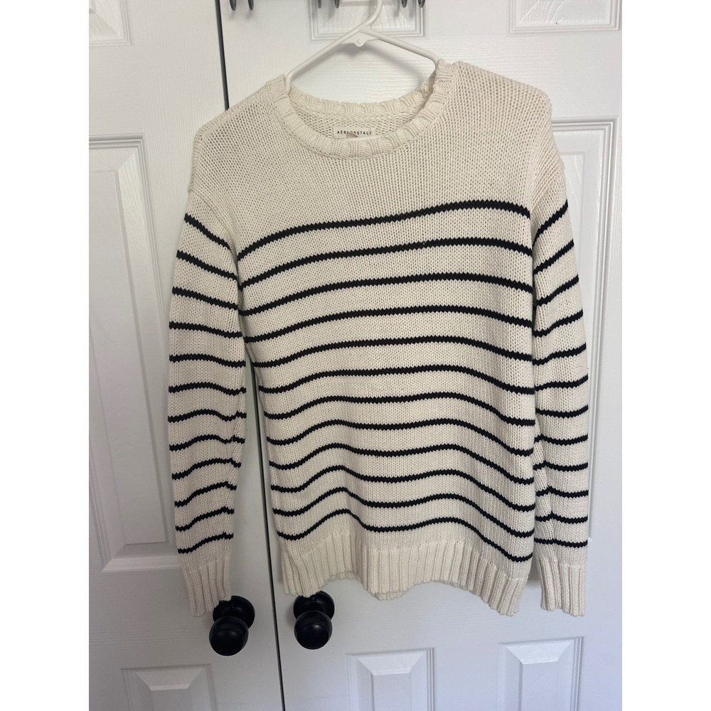 Aeropostale Cream Navy Blue Striped Shaker Knit Crew Neck Sweater Small